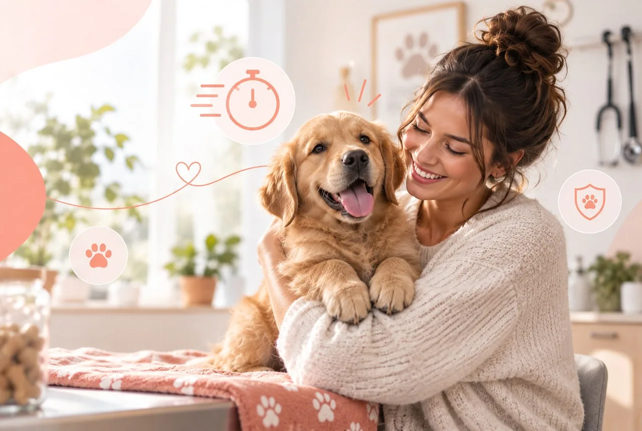 Owner embracing a golden-colored dog at home